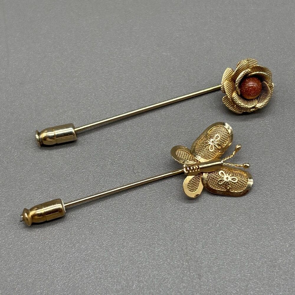 Vintage Stick Pins Lot Butterfly Rose Goldstone Hat Lapel Scarf Brooch Pins MCM